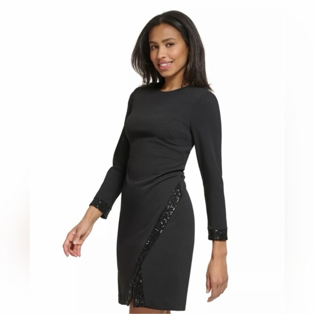 DKNY Sequin-Trimmed Long-Sleeve Sheath Dress